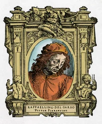 Portræt af RAFFAELLINO DEL GARBO (Raffaellino de Carli) (1466-1525) italiensk maler. Gravering af godbidden "" Livet af de mest fremragende malere, billedhuggere og arkitekter "" (The Lives of the Most Excellent Painters, Sculptors and Architects) af Giorg