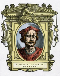 Portræt af Vincenzo TAMAGNI (Vincenzo da San Gimignano) (1492-1530) italiensk maler. Gravering af godbidden "" Livet af de mest fremragende malere, billedhuggere og arkitekter "" (The Lives of the Most Excellent Painters, Sculptors and Architects) af Giorg