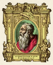 Portræt af maleren Giovanni Battista di Jacopo (Rosso Fiorentino) (1495-1540). Han var medlem af Ecole de Fontainebleau. Gravering af godbidden "" Livet af de mest fremragende malere, billedhuggere og arkitekter "" (Le Vite de