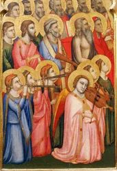 Italien, Firenze, Basilica of Holy Cross, Bandini Baroncelli Chapel, Engle, der spiller på musikinstrumenter, detalje af Jomfruens kroning