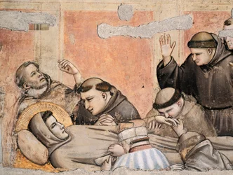 Italien, Firenze, Santa Croce-basilikaen, Bardi-kapellet, Sankt Frans’ død af Giotto (1267-1337), fresko, detalje
