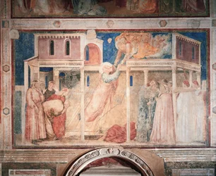Italien, Firenze, Basilica of Holy Cross, Peruzzi Chapel, Historier om John Evangelist: kidnapning, af Giotto (1267-1337), fresco, detalje