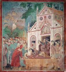 Sankt Frans af Assisis begravelseskortege stoppes foran Sankt Damien, så Sankt Claire kan ære liget - Fresco