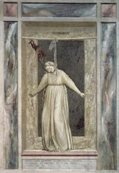 Fortvivlelse, kvindelig figur, der hænger sig selv, og djævel, der griber hende i håret, af Giotto (1267-1337), detalje fra freskocyklen Lasterne og dyderne