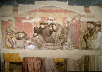 Begravelsen af Saint Francois af Assisi, detaljer. Stigma verifikation. Maleri af Giotto di Bondone (1267? 1337)