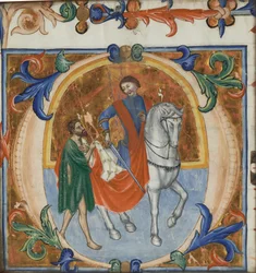En oplyst miniature af St. Martin, der deler sin kappe (fra en storslået korbog)