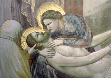 Klagesangen, detalje af Madonnaen og Kristus, ca. 1305 freskodetalje af 56296