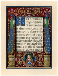 Tekstside med Jomfruen og to påfugle, ca. 1490.