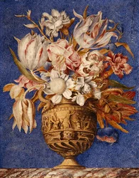 Blomster i en vase som står på en marmorkant (akvarel, gouache & guld på vellum)