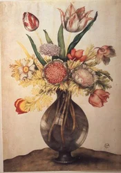 Vase med blomster (tempera på pergament)