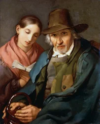 Figur af ældre mand, der sidder med en ung almue og læser en bog, af Giovanni Carnovali kendt som Piccio (1804-1873), olie på lærred, 72x59 cm