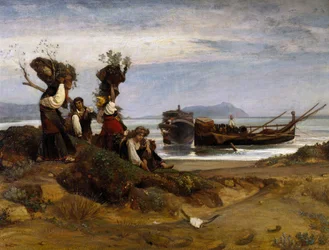 Kvinder læsser træ i havnen i Anzio