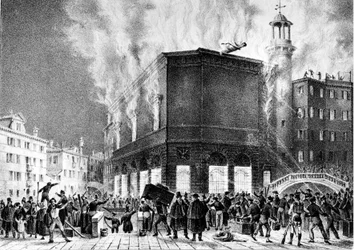Ilden i teatret i La Fenice i Venedig, i 1836. Gravering af Giovanni Pividor. Milano, konservatoriet G. Verdi.