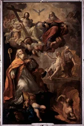 Repræsentation af Sankt Nikolaus af Bari og den hellige treenighed Gud, Jesus Kristus og Helligåndens due (Sankt Nikolaus af Bari og den hellige treenighed) Maleri af Andrea Carlone (1639-1697) Santa Margherita-kirken, Santa Margherita Ligure Italien
