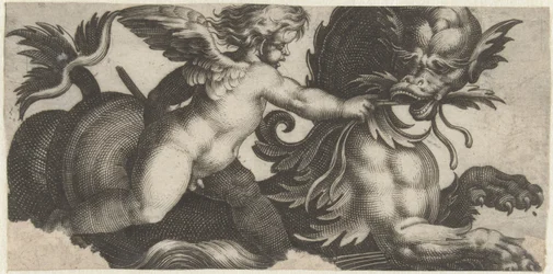 Putto fodrer et havuhyre med et blad Frisere med havmonstre (serietitel)