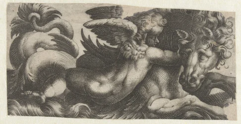 Søhest med en putto om halsen Frisere med havmonstre (serietitel)