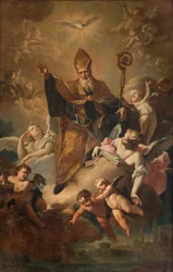 Sydlige tværskib, San Benedettos alter, Sankt Benedikt i Gloria mens han velsigner byen, altertavle af Giovanni Angelo Borroni, San Benedetto i Gloria mens han velsigner byen 1744