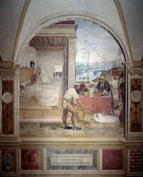 Benedikt viser sig for to munke og præsenterer dem projektet af et klosterfresko af klostret lavet af Antonio Bazzi dit il Sodoma (1477 - 1549), der fortæller om livet for den hellige Benedikt af Nursie (480 - 567), grundlæggeren af Benediktinerordenen 150