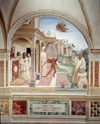 Benoit befrier en munk besat af en dæmon (den hellige Benedikt befrier en mand besat af djævelen) fresko af klostret lavet af Antonio Bazzi dit il Sodoma (1477 - 1549), der fortæller om livet for Sankt Benedikt af Nursie (480 - 567) grundlæggeren af Benedi