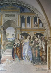 Florentius sender skøgerne ind i klostret, scene fra St. Benedikts liv