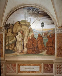 Hvordan Benedikte besvarer eneboernes bøn og indvilliger i at være deres leder Fresco af cloitre realiseret af Antonio Bazzi dit il Sodoma (1477 - 1549), der fortæller om livet for Saint Benedict of Nursie (480 - 567), grundlæggeren af Benediktinerordenen 