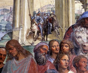 Hvordan Benedikt møder de unge romere Maurus og Placid. Detalje af følget af unge mænd, der forlader Rom - fresko i klostergården af Antonio Bazzi, kaldet Il Sodoma (1477-1549), som fortæller om den hellige Benedikts liv