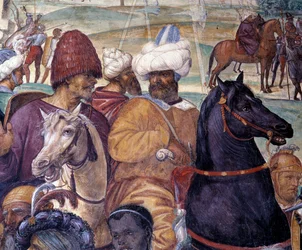 Hvordan Benedict forudsiger ødelæggelsen af Monte Cassino (St. Benedict forudsiger ødelæggelsen af Monte Cassino) Detalje - fresko af klostret lavet af Antonio Bazzi dit il Sodoma (1477 - 1549), der fortæller om livet for den hellige Benedikt af Nursie (48