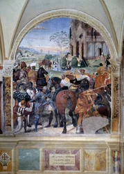 Hvordan Benedict forudsiger ødelæggelsen af Monte Cassino (St. Benedict forudsiger ødelæggelsen af Monte Cassino) Detalje - fresko af klostret lavet af Antonio Bazzi dit il Sodoma (1477 - 1549), der fortæller om livet for den hellige Benedikt af Nursie (48