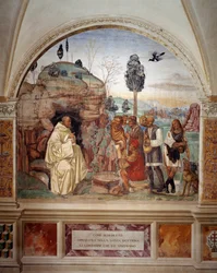 Hvordan Benedikt underviser den hellige lære til bønderne, der besøger ham (Sankt Benedikt lærer den hellige lære til bonden, der besøger ham) Fresko af klostret lavet af Antonio Bazzi dit il Sodoma (1477 - 1549), der fortæller om Sankt Benedikt af Nurs