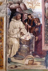 Hvordan en præst bragte mad til Benedikte i påsken (en præst bragte mad til Benedikte i påsken) Detalje - Klosterfreskomaleri lavet af Antonio Bazzi dit il Sodoma (1477 - 1549), der fortæller om livet for den hellige Benedikt af Nursia (480 - 567) grundlæg