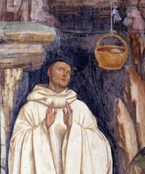 Hvordan dæmonen knækkede klokken i Benoits kurv (Djævelen knækkede klokken til den hellige Benedikt af Nursias kurv) - Detalje - Vægfresko lavet af Antonio Bazzi dit il Sodoma (1477-1549) der fortæller om livet for den hellige Benedikt af Nursia (480 - 567