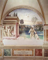 Maur går på vandet for at redde St. Placid (St. Maurus går på vandet for at redde St. Placid) fresko af klostret lavet af Antonio Bazzi dit il Sodoma (1477 - 1549), der fortæller om livet for Saint Benedict of Nursie (480 - 567) grundlæggeren af Benediktin
