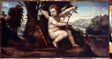 Landskab med Amor (Landskab med Amor) - Maleri af Giovanni Antonio Bazzi, kendt som Le Sodoma (1477-1549) - Olie på lærred, 68 x 129 cm, omkring 1510 - Skolen i Siena, italiensk renæssance - Eremitagemuseet, Sankt Petersborg