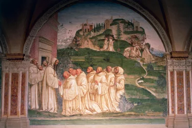 Sankt Benedikt bad af munke, producerer vand fra toppen af bjerget, scene fra Historier om Sankt Benedikt af Monte Oliveto Maggiore