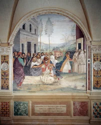 St. Benedikt bærer Kristi legeme på kroppen af den munk, som jorden nægter at begrave freskomaleri af cloitre lavet af Antonio Bazzi dit il Sodoma (1477 - 1549), der fortæller om livet for den hellige Benedikt af Nursie (480 - 567) grundlæggeren af Benedi-