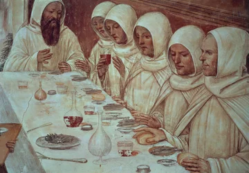 St. Benedikt havde fået rigeligt mel og fodret munkene, en detalje fra St. Benedikts liv