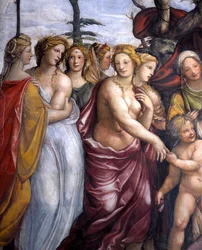Sala delle Nozze di Alessandro e Rossana-salen i Alexander den Stores ægteskab 356-323 f.Kr. og Roxanne-detaljen om døtrene til Darius III, ca. 1513 freskodetalje fra 107224