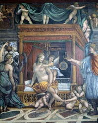 Sala delle Nozze di Alessandro e Rossana Hallen for Alexander den Stores ægteskab 356-323 f.Kr. og Roxanne-detaljen af Roxanne i hendes sengekammer, der blev overrakt en krone af Alexander, ca. 1513 fr.