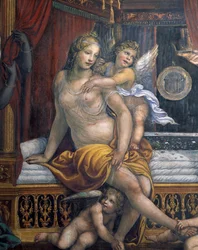 Sala delle Nozze di Alessandro e Rossana Hall af Alexander den Stores ægteskab 356-323 f.Kr. og Roxanne-detaljen af Roxanne siddende på hendes seng, ca. 1513 fresko-detalje af 107228