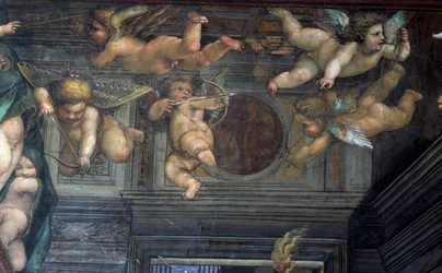 Sala delle Nozze di Alessandro e Rossana Hall af Alexander den Stores ægteskab 356-323 f.Kr. til Roxanne detalje af flyvende putti, ca. 1513 fresco detalje af 107226