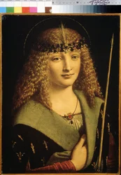 ""Portræt af en ung dreng som den hellige Sebastian, der holder en pil"" (Portræt af en ungdom som den hellige Sebastian) Maleri af Giovanni Antonio Boltraffio (Beltraffio) (1467-1516) omkring 1500 Pushkin Museum, Moskva
