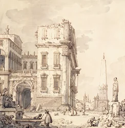 En capriccio af et venetiansk palads med udsigt over en piazza med en obelisk,