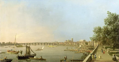 Themsen fra terrassen i Somerset House, ser opstrøms mod Westminster og Whitehall, ca. 1750