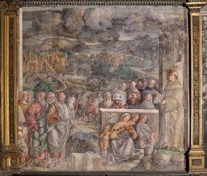 St. Anthony ankommer til Padua, hvor han genopretter freden mellem borgerne med styrken og sødmen af sin forkyndelse, School of the Saint