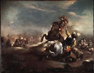 Duel of Knights (Knights fighting) Maleri af Giovanni Antonio Guardi (1699-1760) Venedig Museo Correr