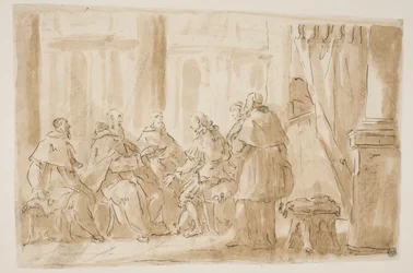 En gruppe på fem præster taler med en lægmand