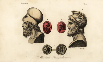 Buster og ædelstene af athenske politikere Miltiades den Yngre 1,2, Themistokles 3,4 og Kong Pyrrhus I 5
