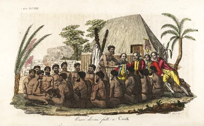 Hawaiianske indfødte tilbyder en offergris til kaptajn James Cook før 12 præster og et træidol i det hellige Orono-hus. Håndfarvet kobberplade indgraveret af Sasso efter John Webber fra Giulio Ferrario