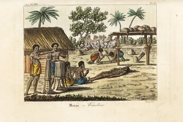 Menneskeofring i en hellig marae (Morai) eller kirkegård, Tahiti. Trommeslagere til venstre, et svinebundet offer og to gravegravere, der graver en grav foran en bunke menneskekranier og pilekogger. Håndfarvet kobberstik indgraveret af Sasso efter John Web