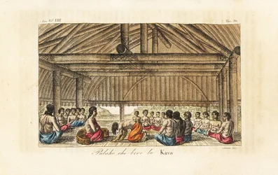 Kong Polaho drikker kava i et langhus, Tonga (venlige øer). Håndfarvet kobberplade indgraveret af Sasso efter John Webber fra Giulio Ferrario